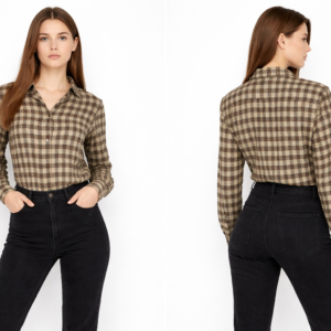 Women’s Brown Checkered Long Sleeve Shirt Top