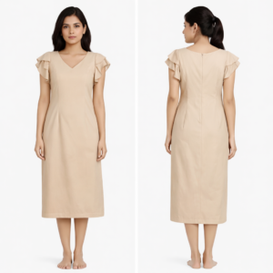 Women’s Beige Ruffle Sleeve V-Neck Midi DressElegant beige midi dress with soft ruffle sleeve detailing
Flattering V-neck and tailored, slim silhouette
Smooth, comfortable fabric for all-day wear
Perfect for office wear, formal events, and classy outings