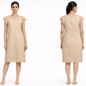 Women’s Beige Ruffle Sleeve V-Neck Dress