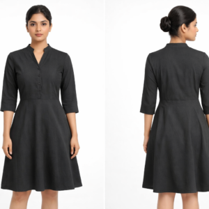 Women’s Solid Black Fit & Flare Dress with Mandarin Collar (3/4 Sleeves)