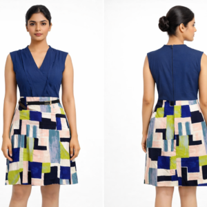 Women’s Navy Blue Wrap Bodice Printed A-Line Dress with Belt