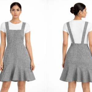 Grey Checks Pinafore Dress with White Inner T-Shirt (Button Front, Flared Hem)