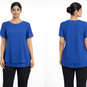 Royal Blue Layered Crepe Top for Women (Round Neck, Short Sleeves)