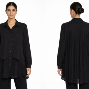 Black Longline Pleated Shirt Top with High-Low Hem
