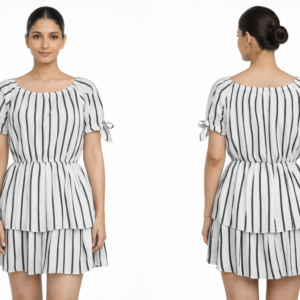 White & Black Striped Tiered Mini Dress with Tie-Up Sleeves
