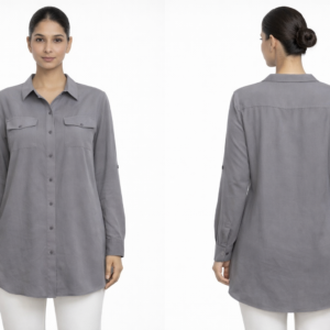 Grey Longline Button Down Shirt with Pocket Detail