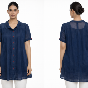 Navy Blue Sheer Button Down Tunic Top with Pleats