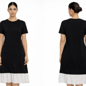 Black T-Shirt Midi Dress with White Ruffle Hem