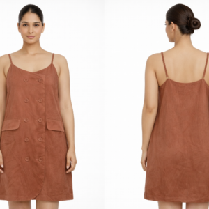 Brown Suede Button Front Strappy Mini Dress with Pockets
