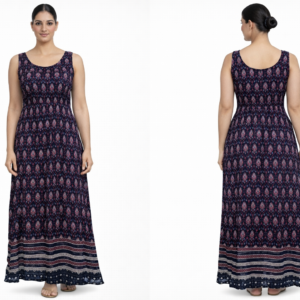 Navy Blue Printed Sleeveless Maxi Dress with Border Hem