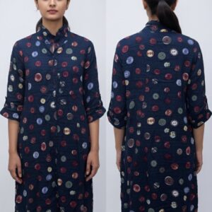 Navy Blue Button Print Shirt Dress with Mandarin Collar