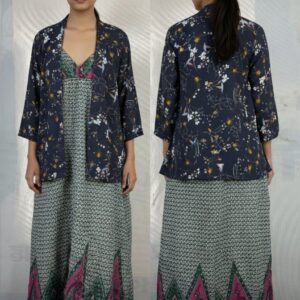 Navy Floral Shrug with Printed Maxi Dress Set