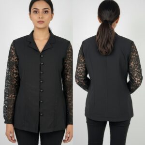 Black Lace Sleeve Blazer Top with Front Buttons