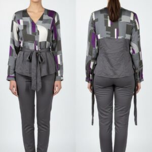 Grey Abstract Print Co-Ord Set with Tie-Up Waist