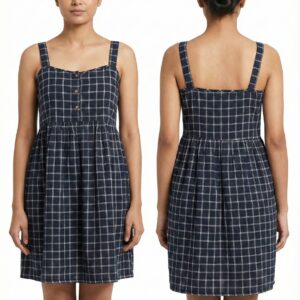 Navy Blue Checked Strappy Mini Dress with Button Front