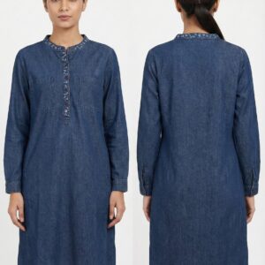 Blue Denim Shirt Dress with Mandarin Collar & Front Pockets