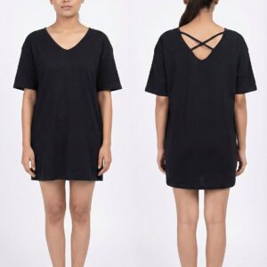 Black V-Neck T-Shirt Dress with Criss Cross Back Detail