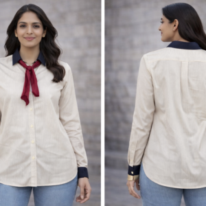 Women’s Cream Contrast Collar Formal Casual Shirt