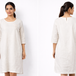 Women Off White Solid Cotton Kurti Dress with 3/4 Sleeves