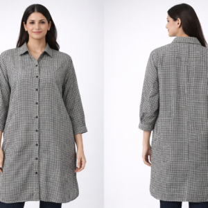 Women’s Black & White Checked Longline Shirt Dress