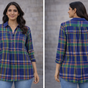 Women’s Blue Green Checkered Casual Tunic Top
