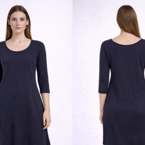 Women Navy Blue Solid 3/4 Sleeve Casual Dress