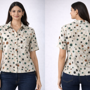 Women’s Beige Polka Dot Printed Casual Shirt Top