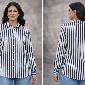 Women’s Navy Blue White Striped Casual Formal Shirt