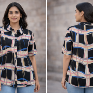 Women’s Abstract Print Short Sleeve Shirt – Black Multicolor
