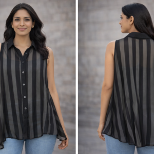Women’s Black Sleeveless Striped Sheer Casual Top