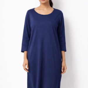 Women Navy Blue Solid 3/4 Sleeve Casual Knee-Length Dress