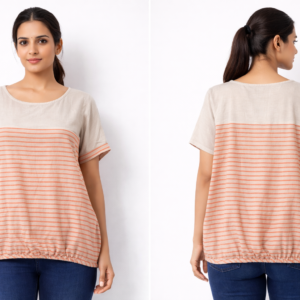 Women Peach & Beige Striped Short Sleeve Casual Top