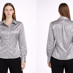 Women Silver Grey Satin Formal Shirt with Full Sleeves